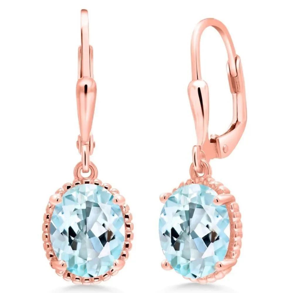 18K Rose Gold 925 with 4.00 Cttw Sky Blue Topaz Oval Leverback Hook Earrings
